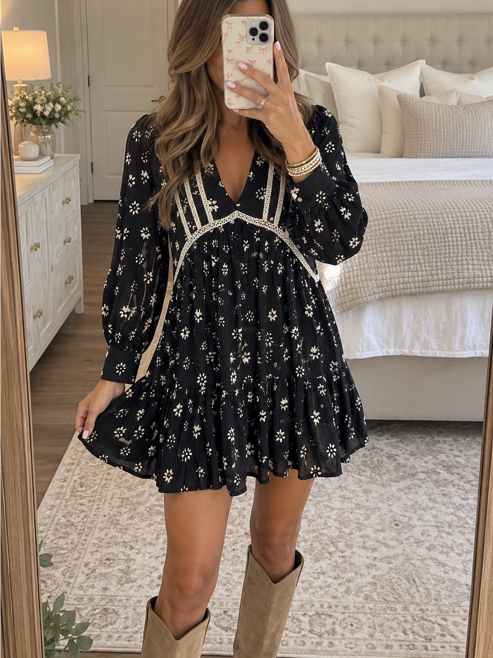 Zara Black Floral Mini Dress Embroidered Trim Tiered Boho Cottagecore S